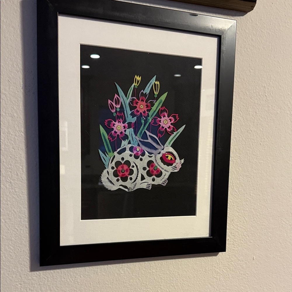 Whimsical Floral Rabbit Art Print in Black Frame